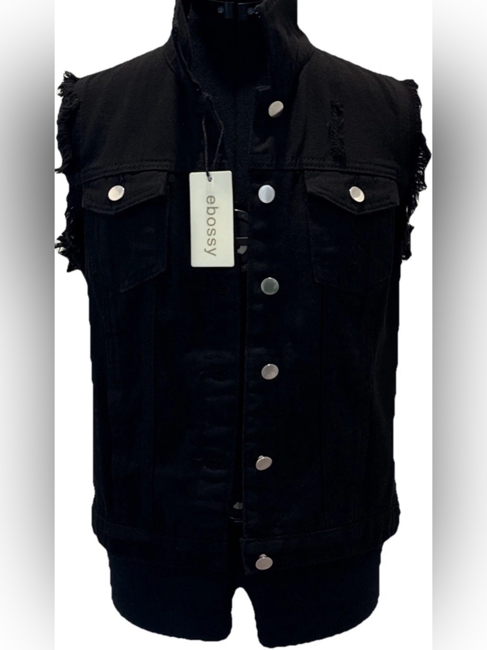 Ebossy Women’s Sleeveless Distressed Black Denim Vest, Pockets, Size Small, NWT
